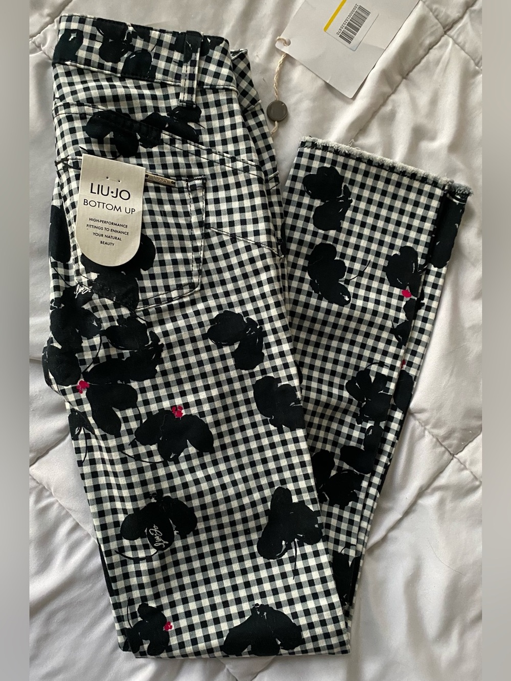 Liu Jo Italy Slim Bottom Up Jeans Black White Gingham Black Floral Print NWT